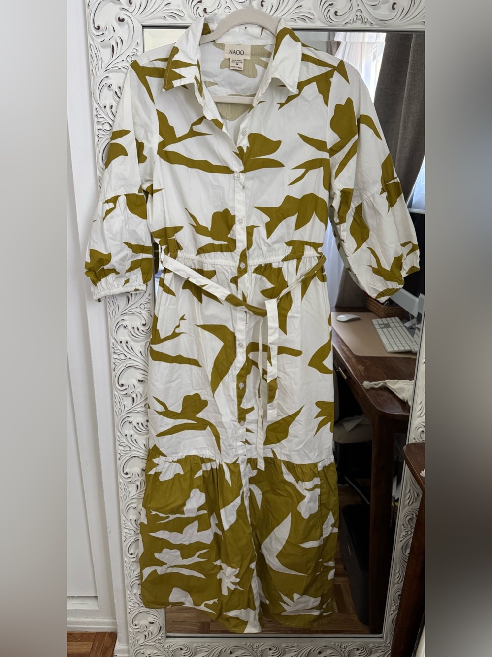 White Midi Shirt Dress with Olive Green Leaf Print